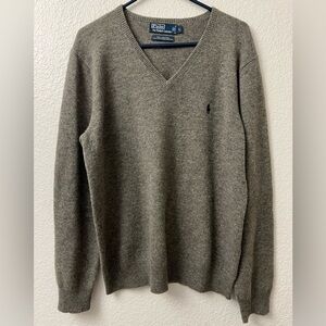 Polo by Ralph Lauren 100% Lambs Wool V-Neck Grey Knit Sweater, Large
